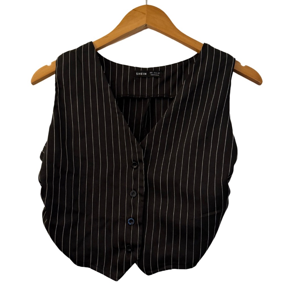 SHEIN Women’s Black Pinstripe Button-Front Cropped Vest Top, Size Small